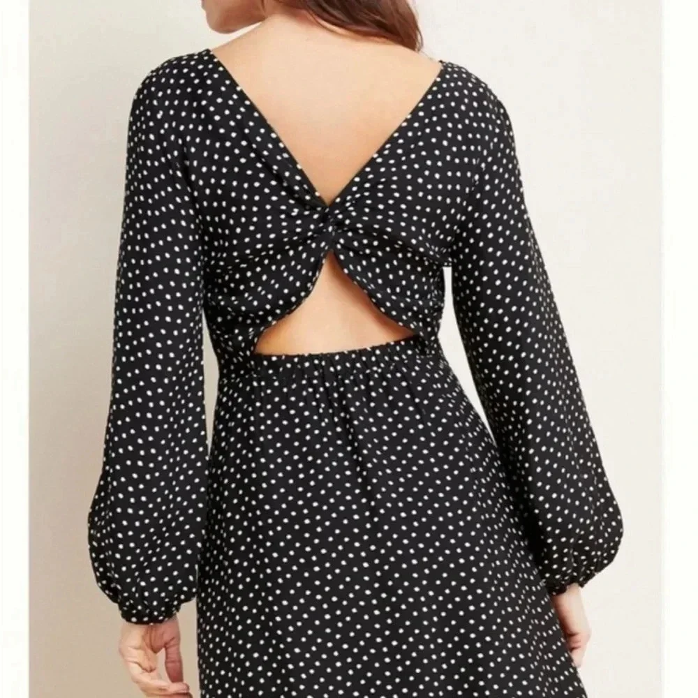 Anthropologie Black White Polka Dot Open Back Flowy Fit Flare Swing Dress